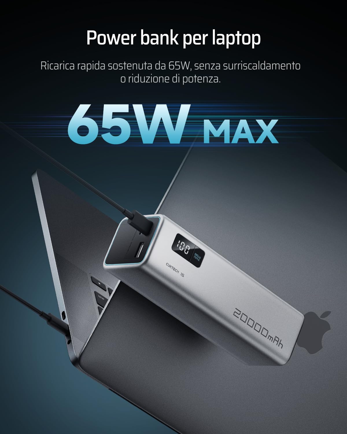 CUKTECH 65W Power Bank Ricarica Rapida, 20000mAh Portatile Batteria Esterna con 3 Porte, Display Digitale, USB C Caricatore Portatile Caricabatterie per Laptop MacBook Pro, Galaxy S23, iPhone 15 Pro