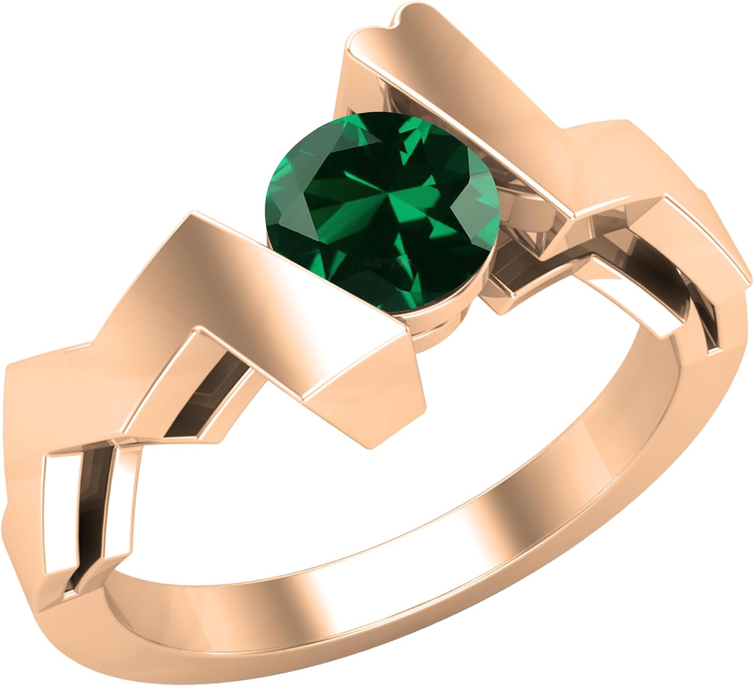 5mm Round Lab Created Emerald Zigzag Solitaire Engagement Ring for Women in 14K Real Solid Gold