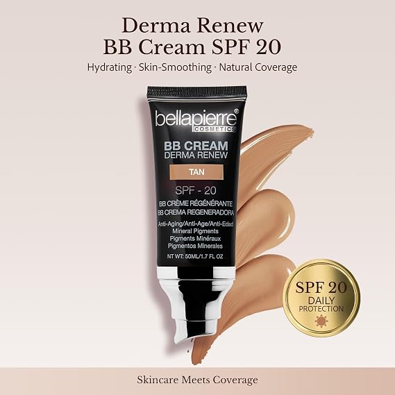 Bellapierre BB Cream with SPF 20, Tinted Moisturizer & Lightweight Foundation Makeup, Buildable Light-to-Medium Coverage, Soft Matte Finish, Paraben-Free, Cruelty-Free, 1.7 fl oz Tan