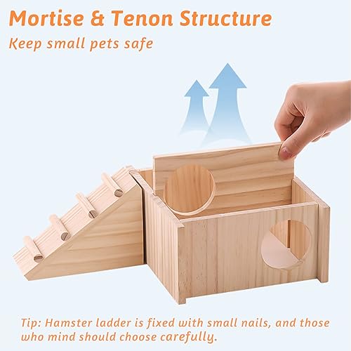Miniatura 10 de Fhiny Casa de hámster de madera, escondite de hámster y túnel de múltiples cámaras, sala de actividades desmontable, juguetes de exploración,