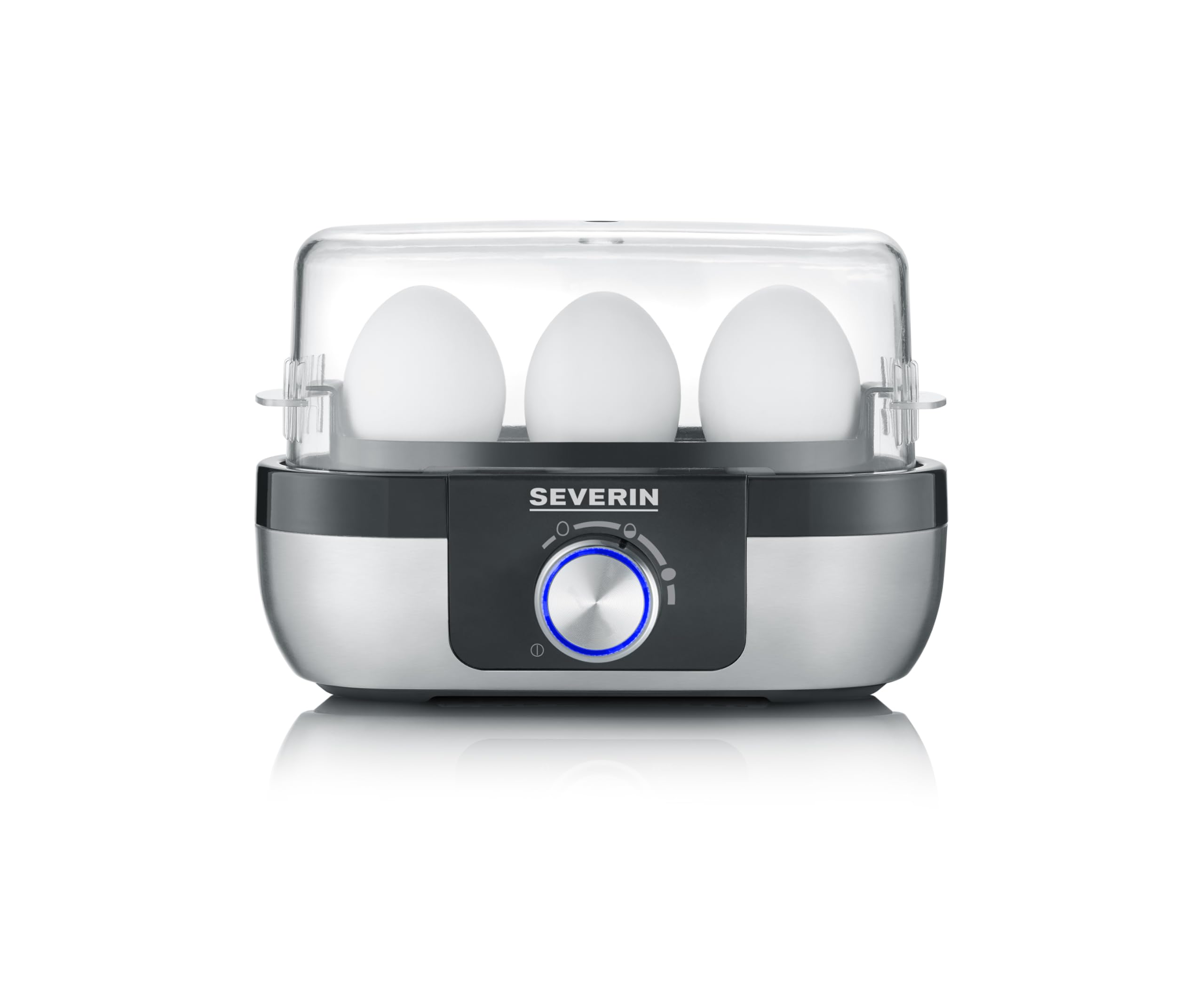 SEVERIN Cuiseur à œufs 270 W, Appareil de cuisson pour 1 à 3 œufs, Doseur d'Eau et Perce-Œufs Inclus, Cuit-œufs avec contrôle électronique du temps de cuisson, Inox, EK 3163