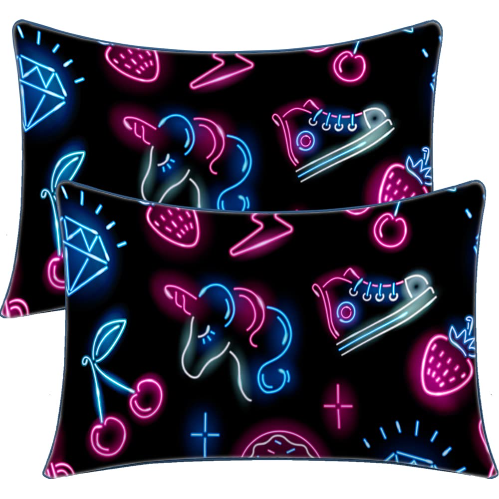 BlessLiving Satin Pillowcase for Hair and Skin Neon Unicorn Print Satin Pillow Cover Envelope Pillow Case Set of 2 Soft and Cozy Pillowcase for Kids Girls Boys (Pink Blue, Standard(20''x26'')) โ image 1