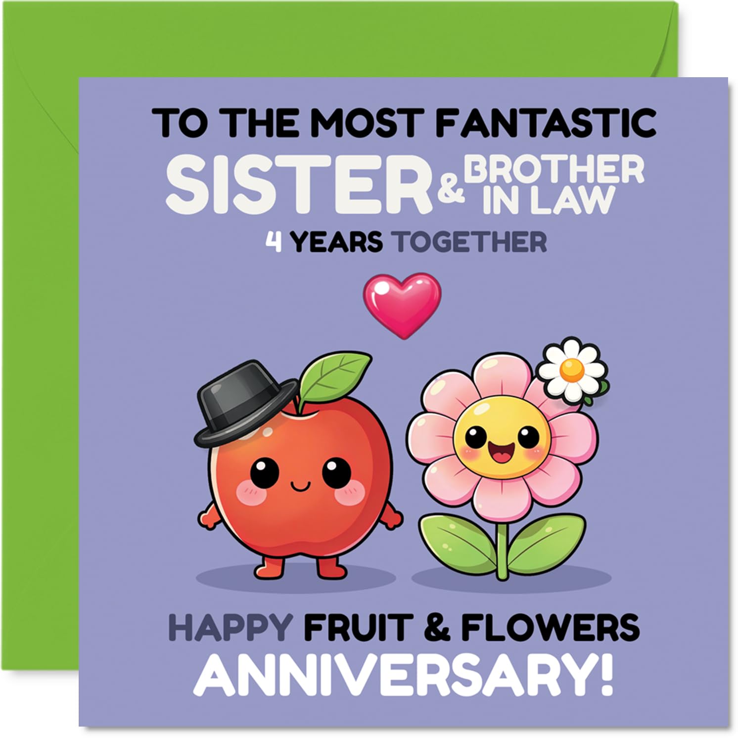 Playful 4th Anniversary Card for Sister & Brother In Law - Bursting with Fruity Fun - Adorable Fruit and Flower Characters Pop with Vibrant Colours - 145mm Square, Envelope Included