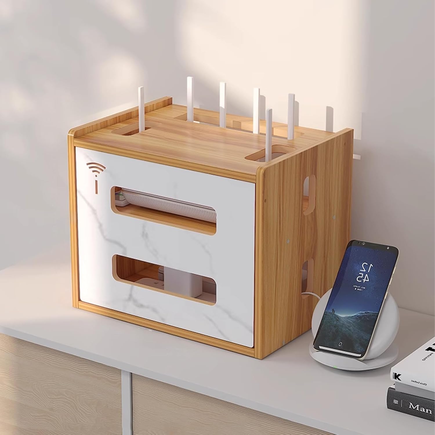 Wooden Router Shelf - Desktop WiFi Router Storage Box & Modem Rack, Cable Management Organizer for Home & Office (Brown) - Power Router Hider Box