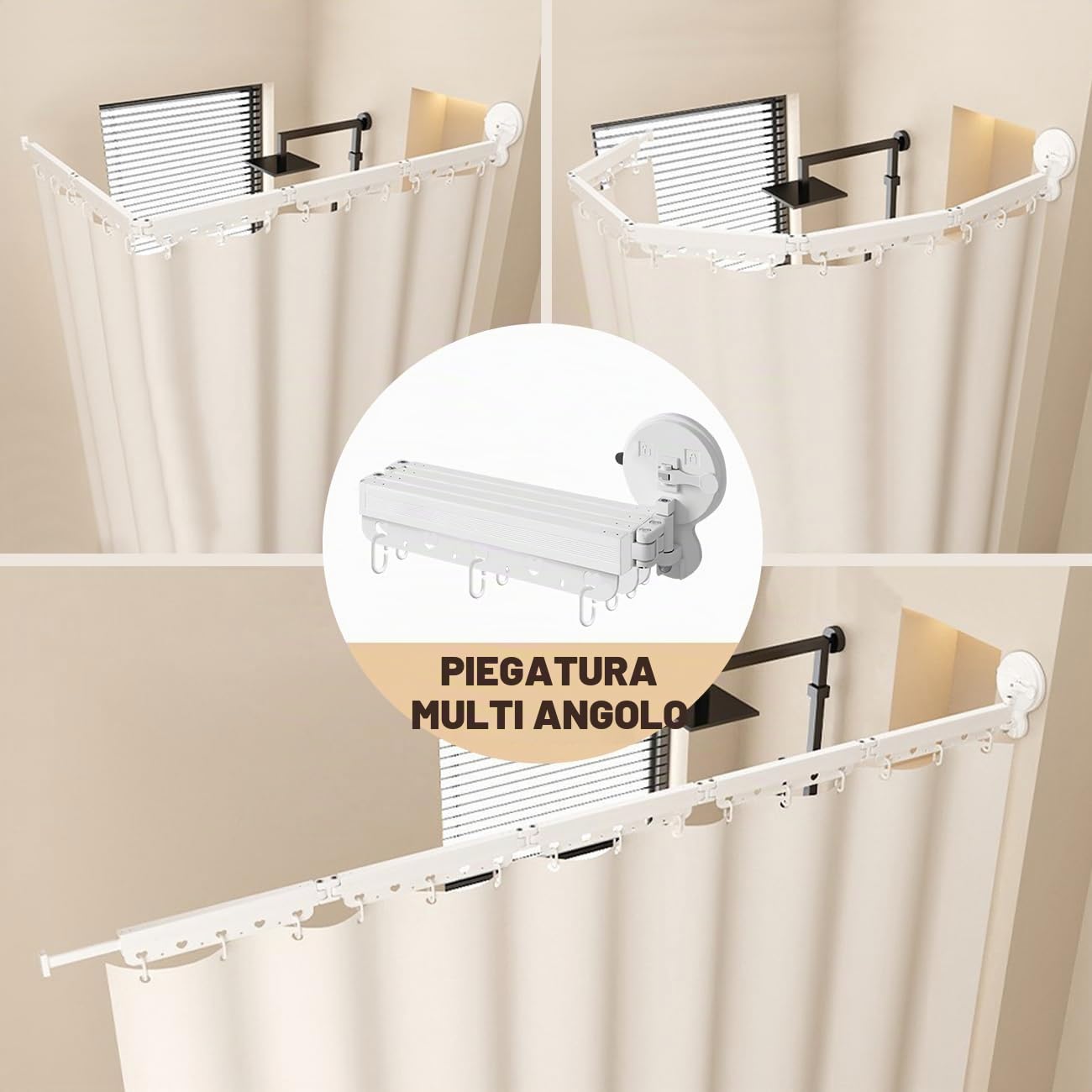 Asta per tenda da doccia pieghevole a parete con ventose senza punzonatura a 360 °, asta per tenda da doccia pieghevole per bagno, vasca da bagno, portabiancheria retrattile, 4 pieghe, 137,2 cm