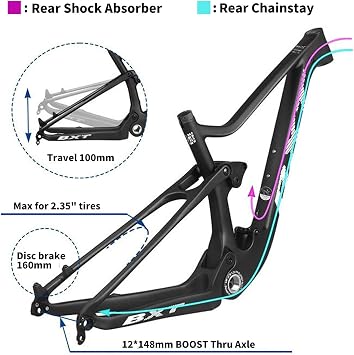 29er Carbon Fiber Mountain Bike Frame 41/44/49/54cm Full Suspension Disc Brake Bike Frame Travel 100mm XC Soft Tail Enduro Frame Thru-Axle 12 * 148mm Boost Frame(Blue-1,29 * 16)