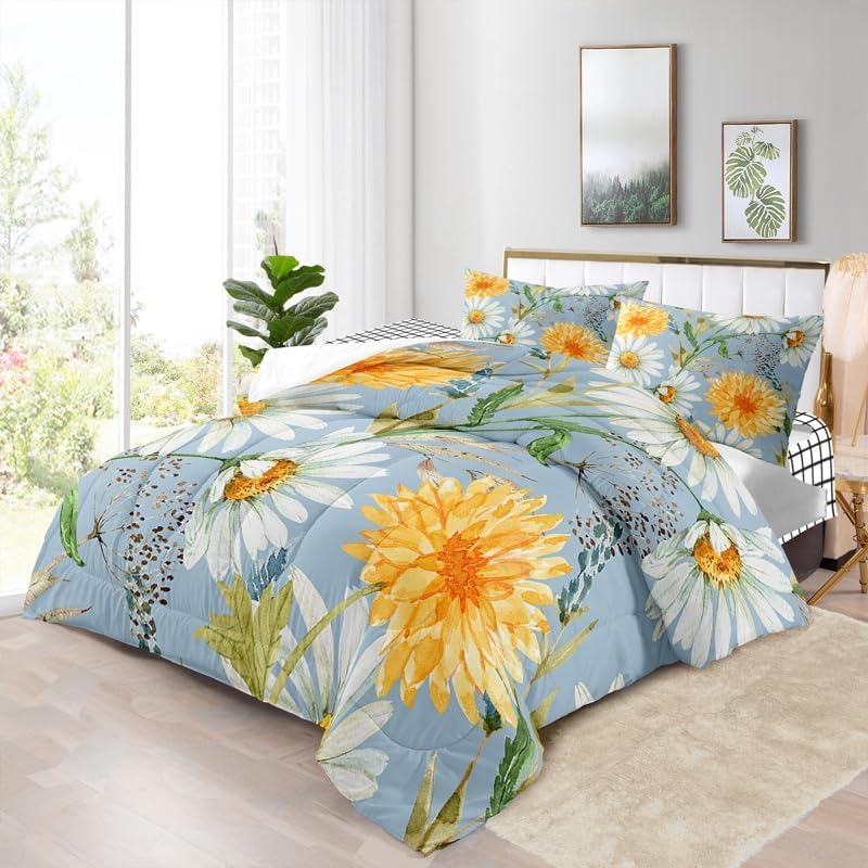 Daisy Comforter Set Queen Light Blue Spring Flowers 3 Pieces Microfiber Bedding Quilt for Couples Boys Girls Teens
