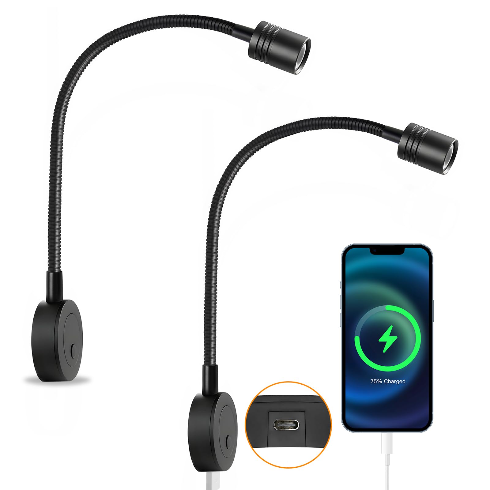 Lampade da Lettura Camper LED 12V, 3200K (Dimmabile) e Luce Notturna Rossa Soffusa, Dotato di Caricabatterie USB-C, per Barca Furgone Rimorchio Cabina, Flessibile Collo di Cigno (2 pezzi)