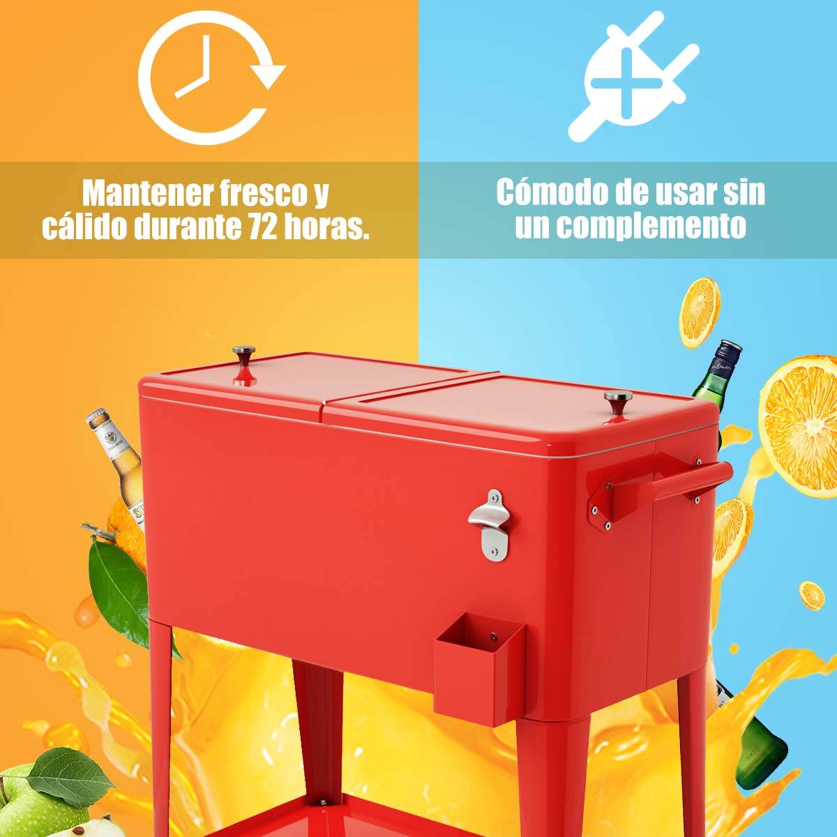 COSTWAY 76L Carrito Nevera con Ruedas, Carro de Bebidas Refrigerado Portátil con Abrebotellas, Estante y 2 Compartimentos, hasta 72 Horas, 40 x 79 x 87 cm, para Patio Fiesta Terraza