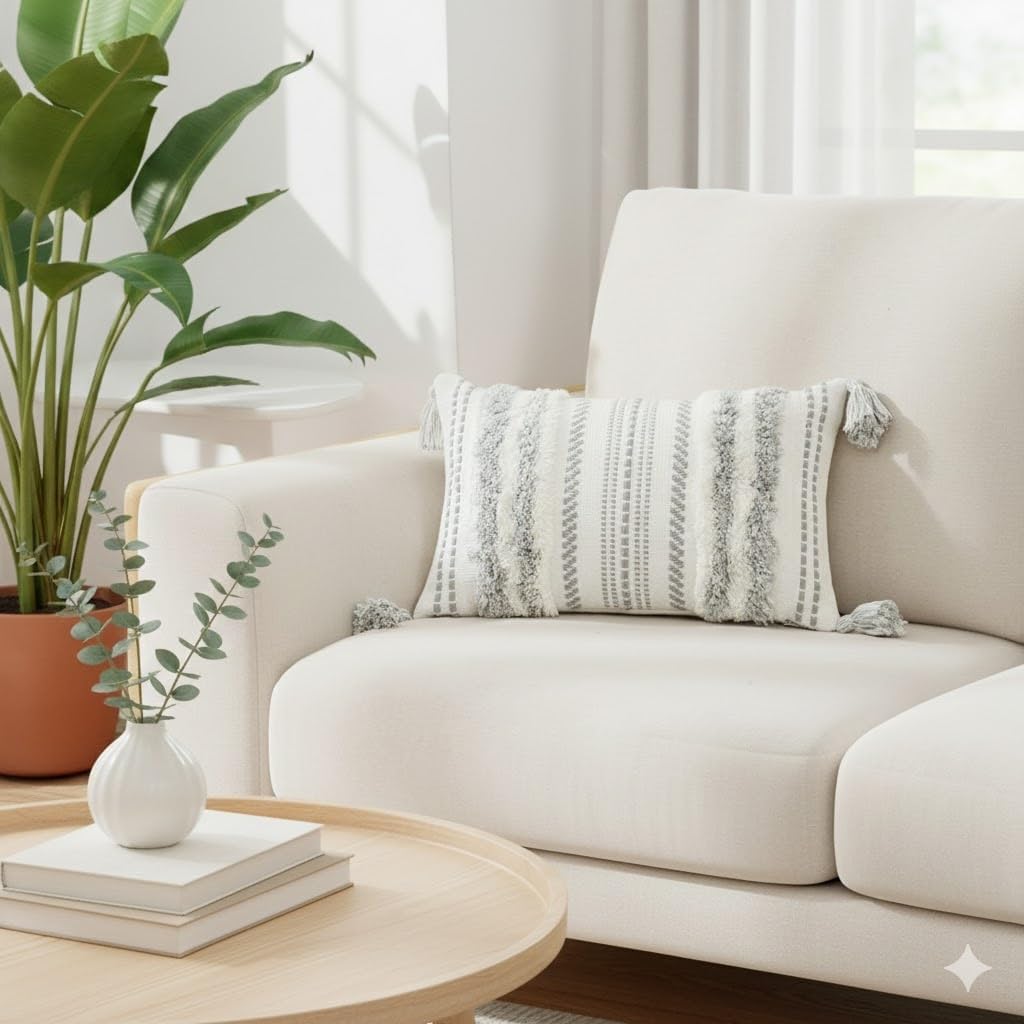 decorUhome Summer Decorative Boho Throw Pillow Covers 12x20 Set of 2, Lumbar Accent Neutral Textured Tufted Pillow Covers Striped for Couch Bed Sofa Living Room, Grey and Cream White