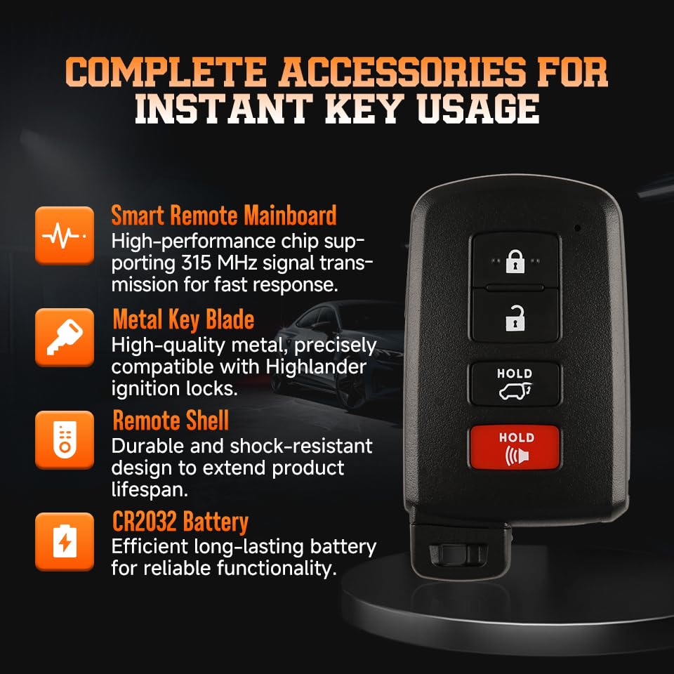 ABUDU fit for 2018 Toyota Highlander Smart Key Remote Key Fob 315MHz 8A Chip 3+1 Buttons with Panic Alarm SUV FCC ID: HYQ14FBA