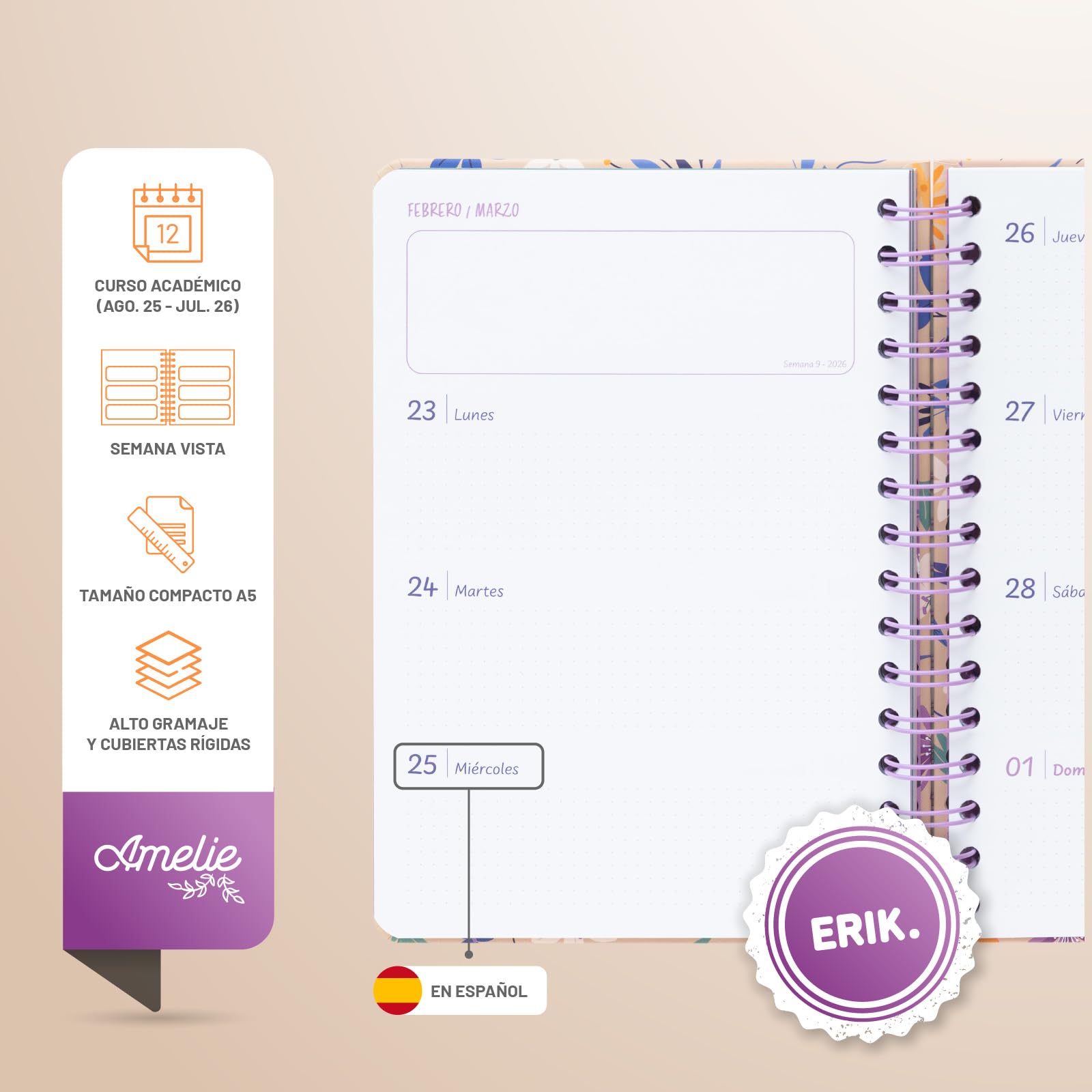 Agenda 2026 Agenda Escolar 2025-2026 Grupo Erik - Vista Semana A5, 17 Meses, Con Pegatinas Planificador Semanal