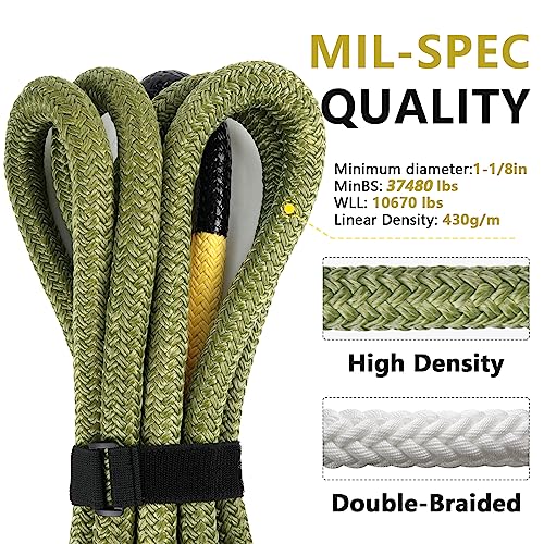 Image of NTR 1-1 /8 inch x 30' Kinetic Recovery Tow Rope (37,480lbs), with 2 UHMWPE Soft Shackles (40,980lbs), Heavy-Duty Offroad Snatch Strap, Vehicle Recovery kit for Jeep car Truck ATV UTV SUV