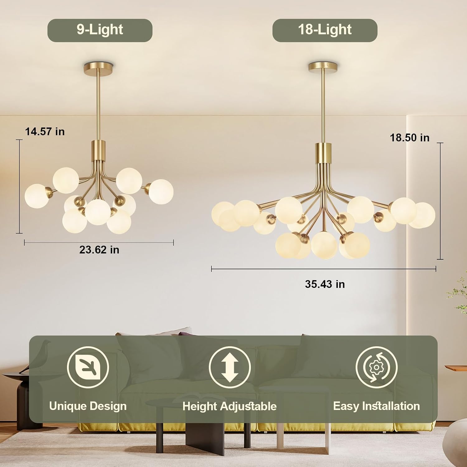 Depuley Bubble Ball Sputnik Chandelier: 18-Light Glod Modern Mid-Century Chandeliers for Dining Room - Milky White Glass Ceiling Light Fixture Height Adjustable Kitchen Over Table Included G9 Bulbs