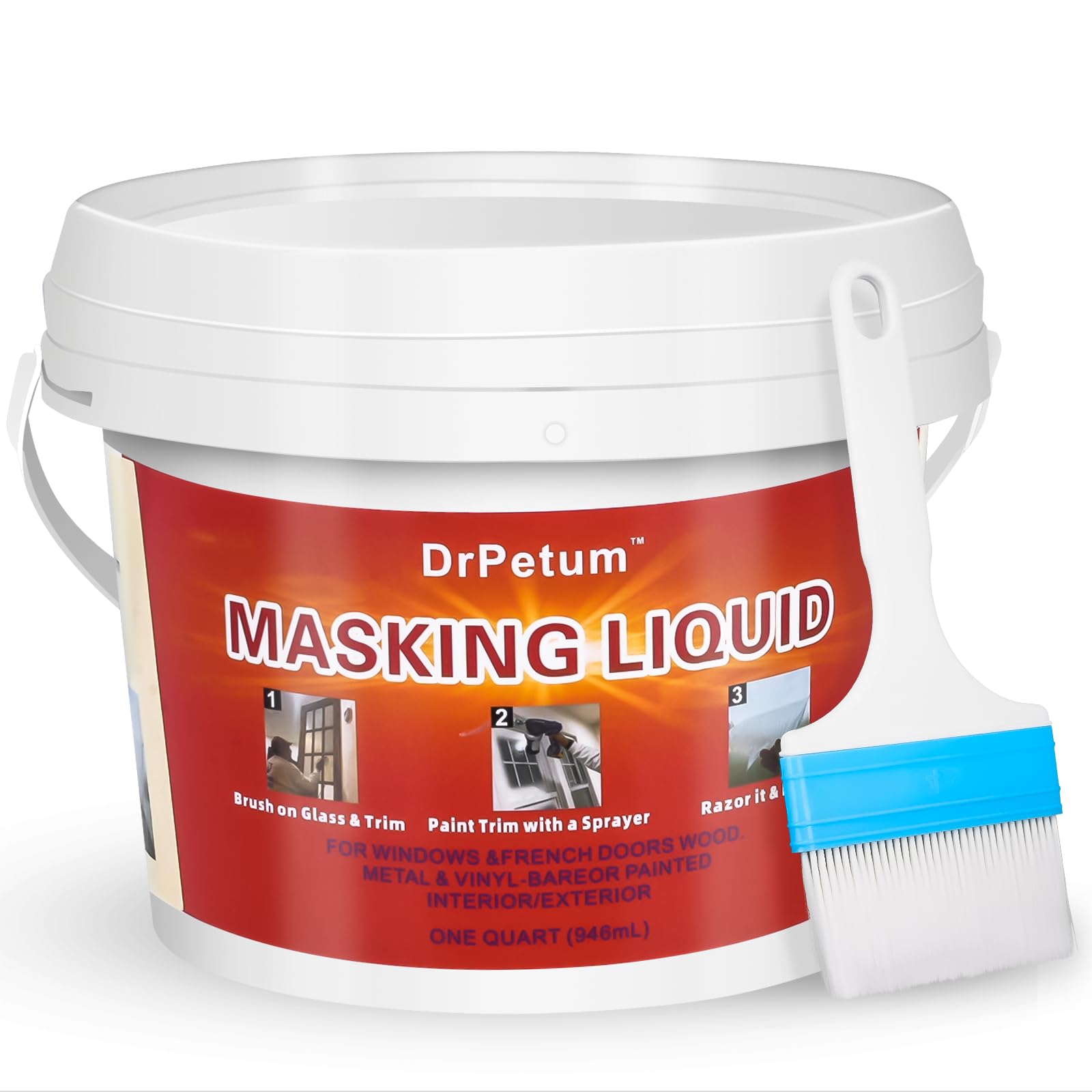 Photo 1 of DrPetum Masking Liquid Tape, Transparent Peelable Coating for Protect Windows Glass, Used for Priming Windows, Floors and Non-Porous Surfaces Painting, 1 Quart (with Paint Brush)