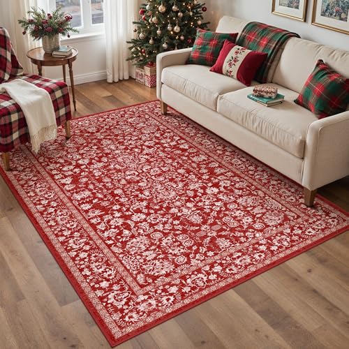Christmas Area Rug 5x7 Red Washable Living Room Carpet Retro Distressed Floral Holiday Decor Rug Non Slip Soft Decorative Xmas Doormat for Bedroom Office Dining Room Bathroom Kitchen