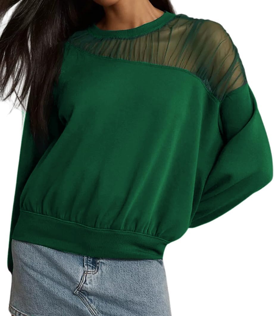VAOYIU Women's Shoulder Mesh Design Sweatshirt Casual Long Sleeve Crew Neck Pullover Tops Casual Lace Edged Clothing(Green-XS) - Image 5
