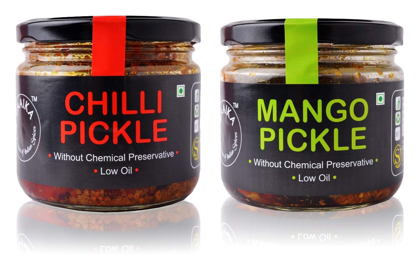 Zaaika Mango Chilli Pickle Low Oil aam or mirchi achaar Indian Traditional Home Made Achar with Glass Jar | No Preservative 600 Grams (Pack of 2 - 300Gm Each) (B07GPB421R) Amazon Price History, Amazon Price Tracker