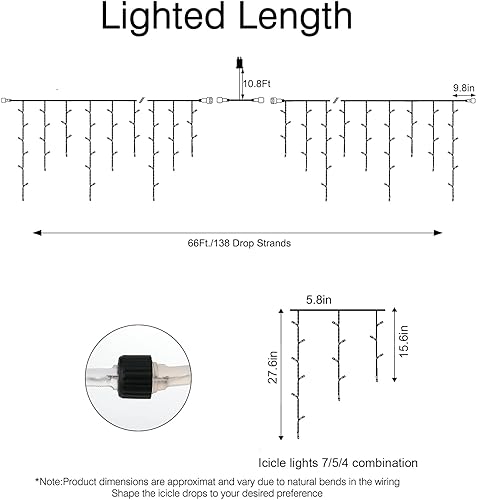 Miniatura 2 de Luces de carámbano para exteriores, 736 luces LED de Navidad de carámbano de 66 pies con 138 gotas, 8 modos de luces de carámbano con control remoto