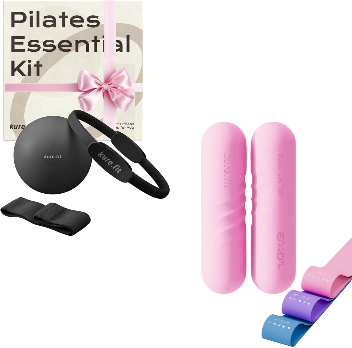 Black Pilates Kit and Pink Hand Weight Bars 2lb Each Bundle