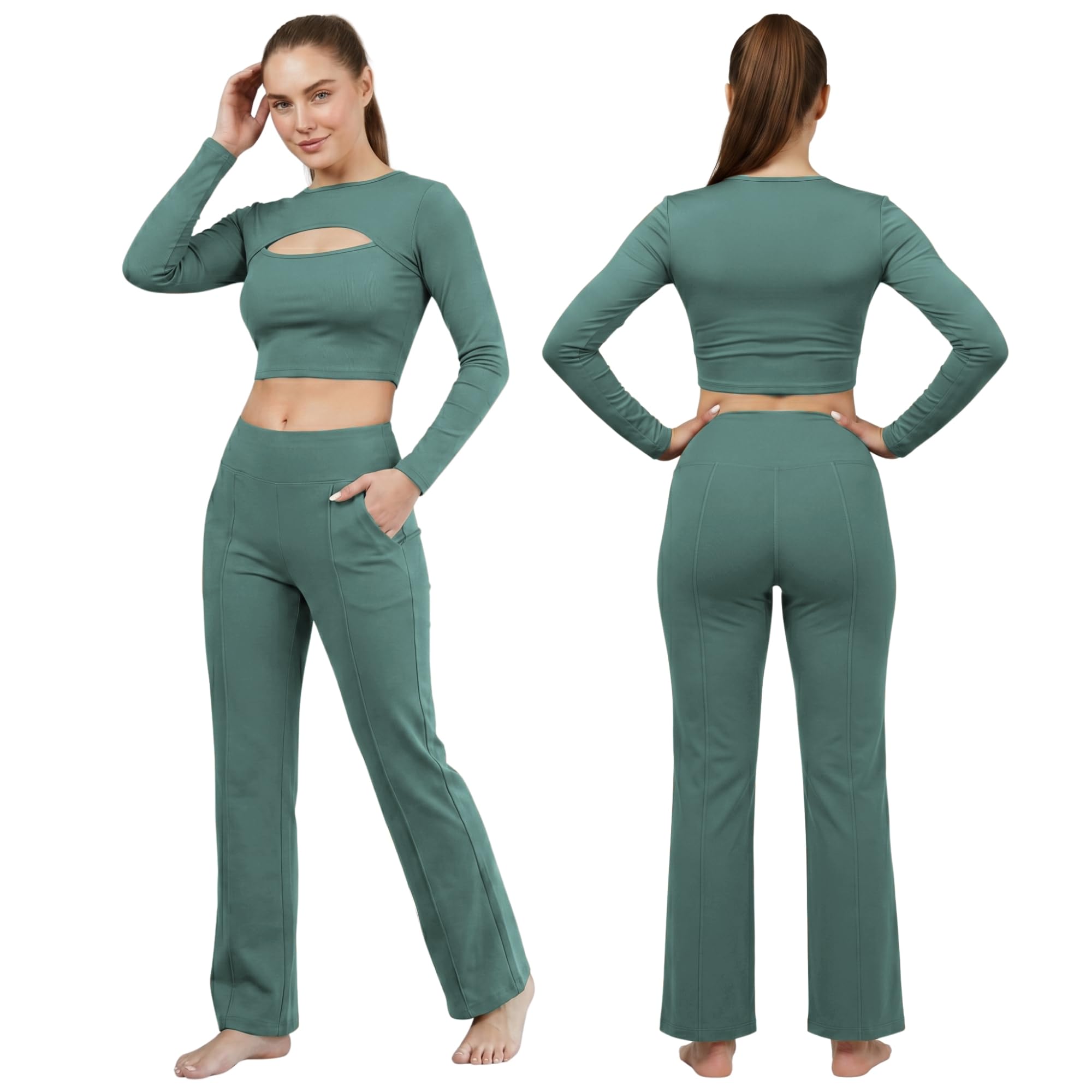 ninq Women Gym Wear Compression Set | Long Sleeve Crop Top with Flare Trouser, Stylish Co-Ord Set for Women | Sports Wear Top & Bottom, Workout & Casual Wear-picture-52