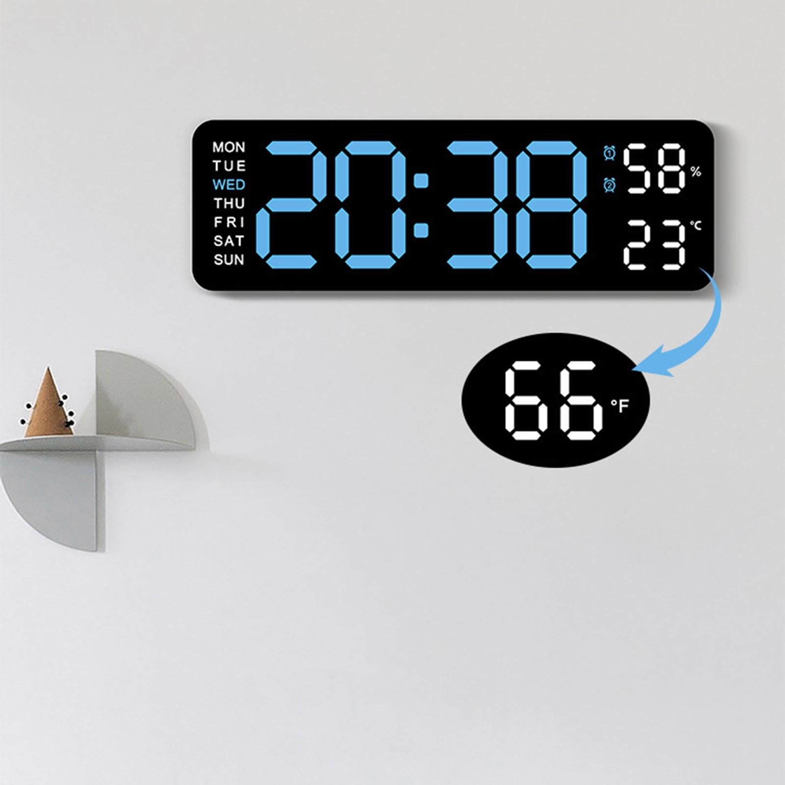 Orologio da Parete Digitale con Retroilluminazione Regolabile, Indicazione di Temperatura, umidità, Giorno/Data, Sveglia E Funzione Snooze, Luce Blu Bianca