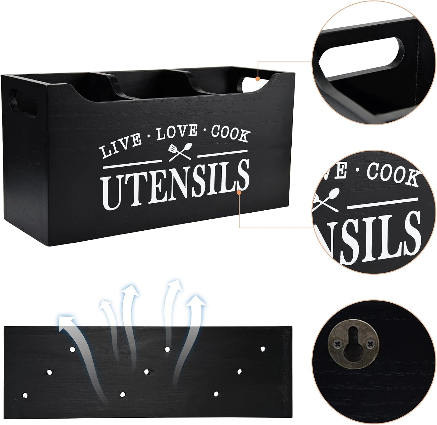 Kitchen Utensil Holder with Drainage Bottom, Large 3 Compartments