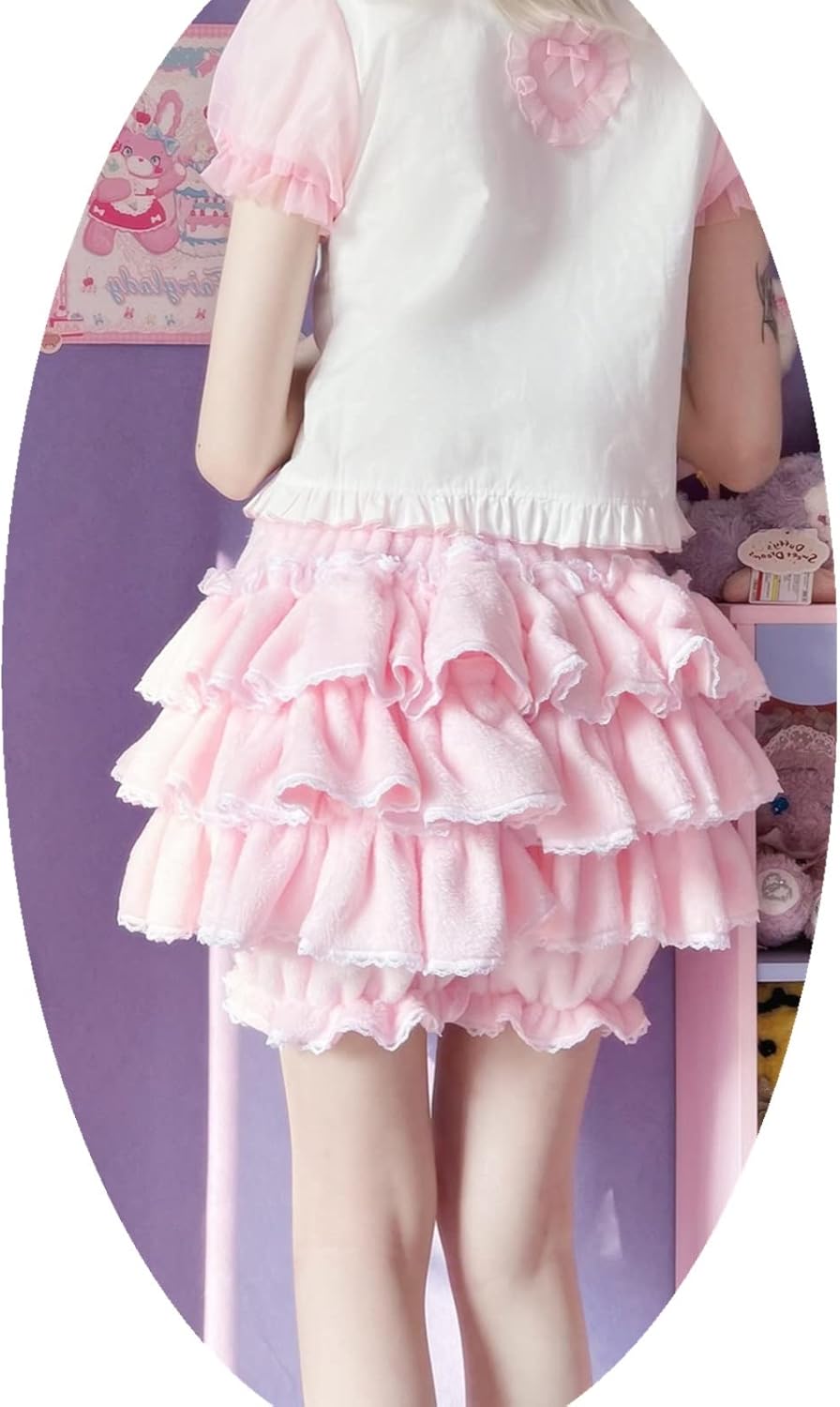 Womens Harajuku Y2k Sweet Pink Pumpkin Pants Lolita Autumn Winter Plush Shorts Kawaii Ruffles Lantern Clubwear Dance Shorts (Color : White, Size : Talla �nica)