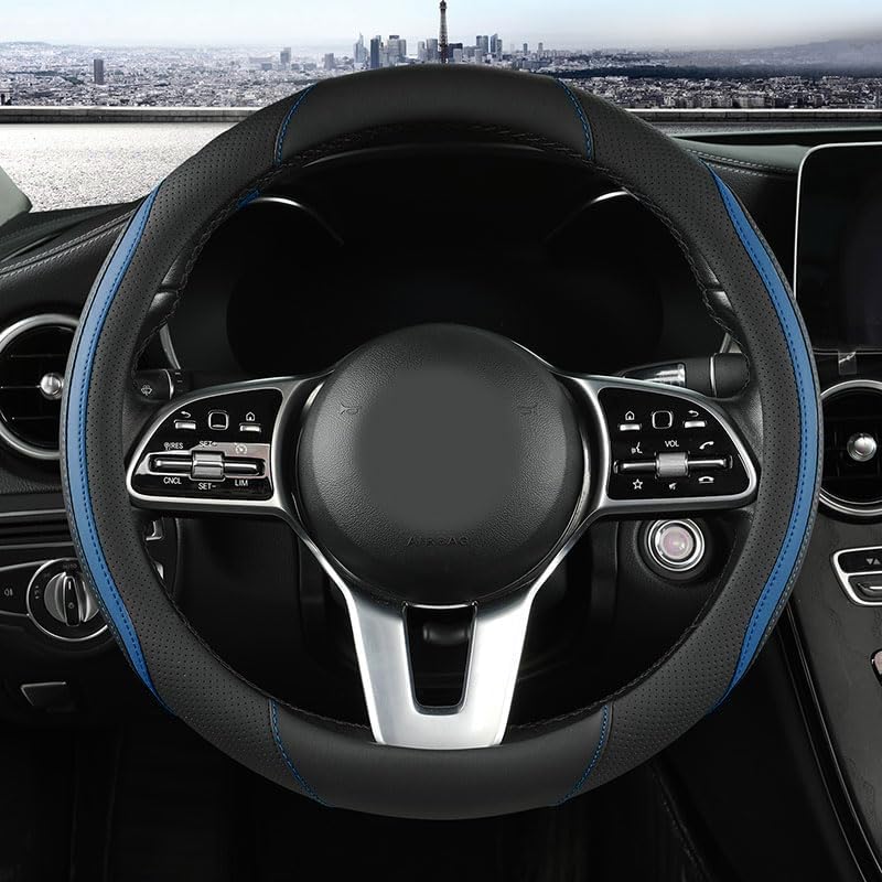 Araba direksiyon kılıfı, deri direksiyon kapağı mavi evrensel 14.5-15 inç mikrofiber deri kaymaz nefes alabilen otomatik direksiyon kapakları erkekler kadınlar için (Black&Blue-2)