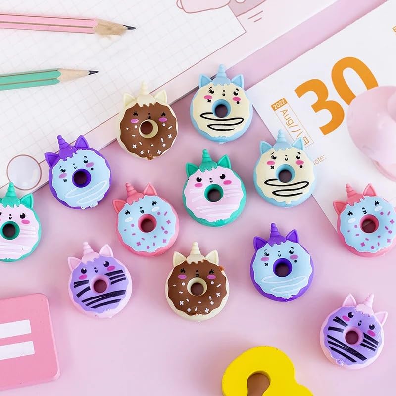 Image of Radiance Cute Donut Shape Erasers for Kids | Kawaii Cartoon Pencil Erasers for School, Drawing & Homework | Soft Non-Toxic Rubber Erasers | Birthday Return Gifts, School Supplies (Pack of 12)