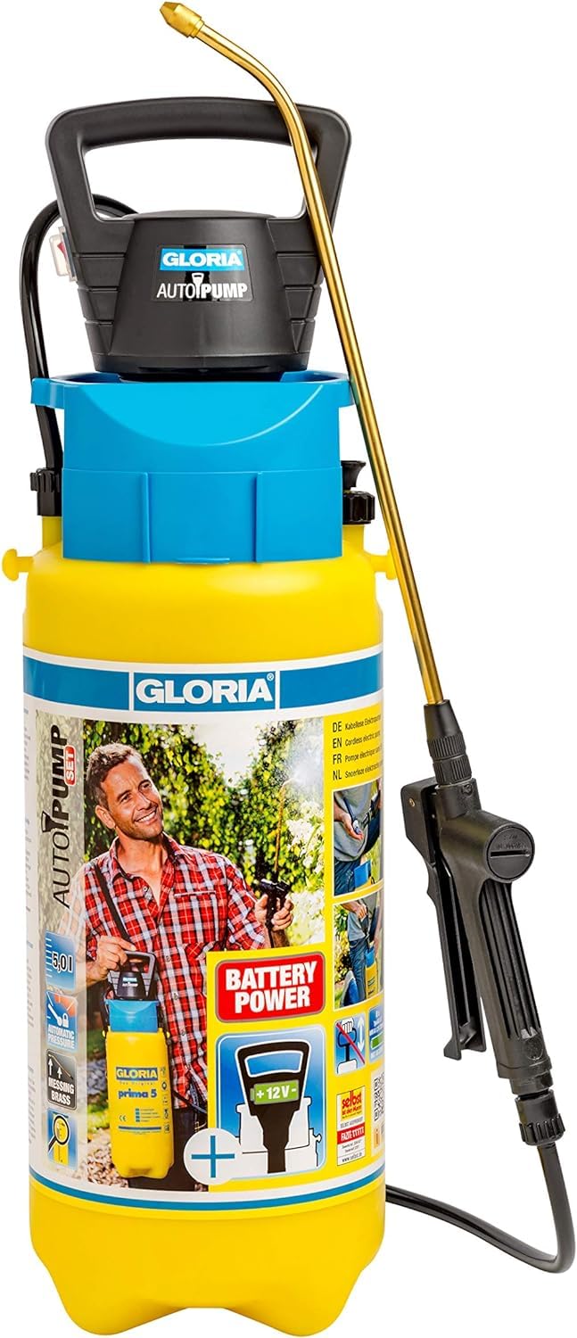 Gloria Drucksprüher AutoPump Set | Gartenspritze | 5 L Füllinhalt | Sprühgerät mit Batterie-/Akku-Betrieb & Sprühschirm Typ 270 | Zubehör für Gartenspritze | Spritzschirm |11,5 x 33,5 cm