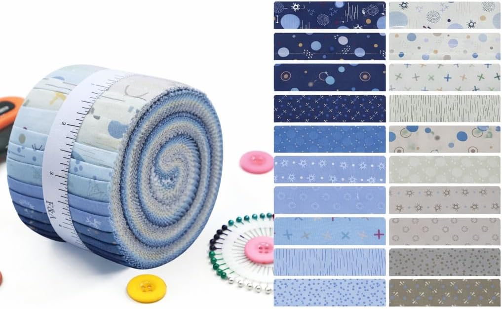Blue & Neutral Printed Cotton Jelly Roll – 2.5″ x 44″ (150 GSM) 20pcs Pre-Cut Fabric Strips – Modern Abstract Patterns – Quilting, Sewing & Craft Fabric Bundle