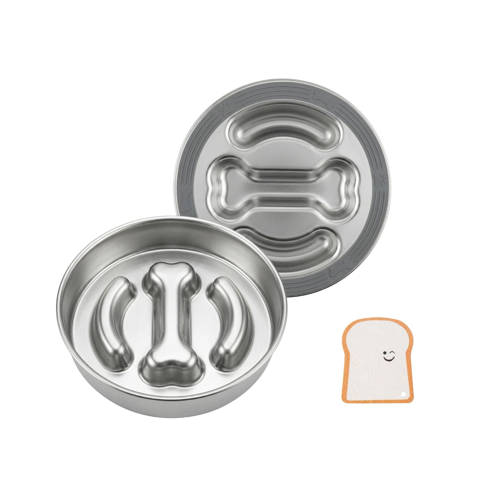 Stainless Steel Dog Bowls, Double-Sided Slow Feeder Dog Bowls with Bone-Shaped Insert & Non-Slip Base, Puzzle Feeder Dog Bowl with Free Cleaning Sponge