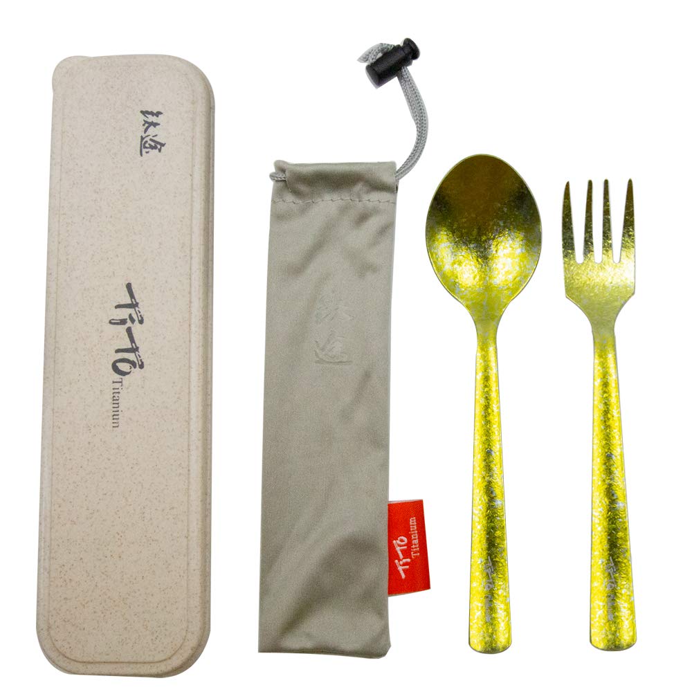 TiTo Titanium Bright Colorful Ultra Lightweight Titanium Camping Utensil Set Eco-Friendly Titanium Spork Spoon for Backpacking Hiking Outdoors (Golden)