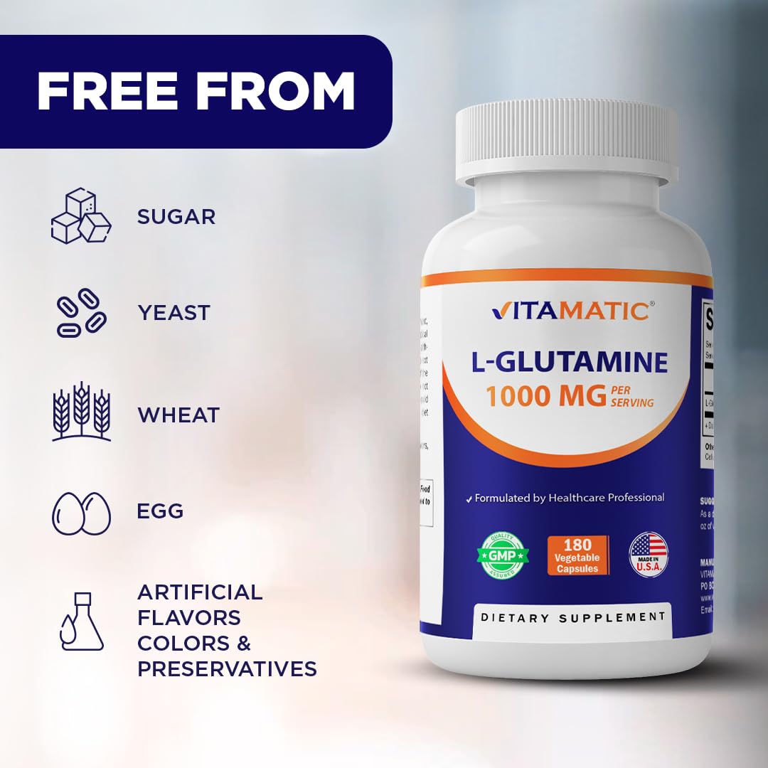 Vitamatic L-Glutamine 1000 mg Per Serving, 180 Vegetarian Capsules, Non-GMO, Gluten Free, Amino Acid Supplement, Made in the USA — Amazon image 8