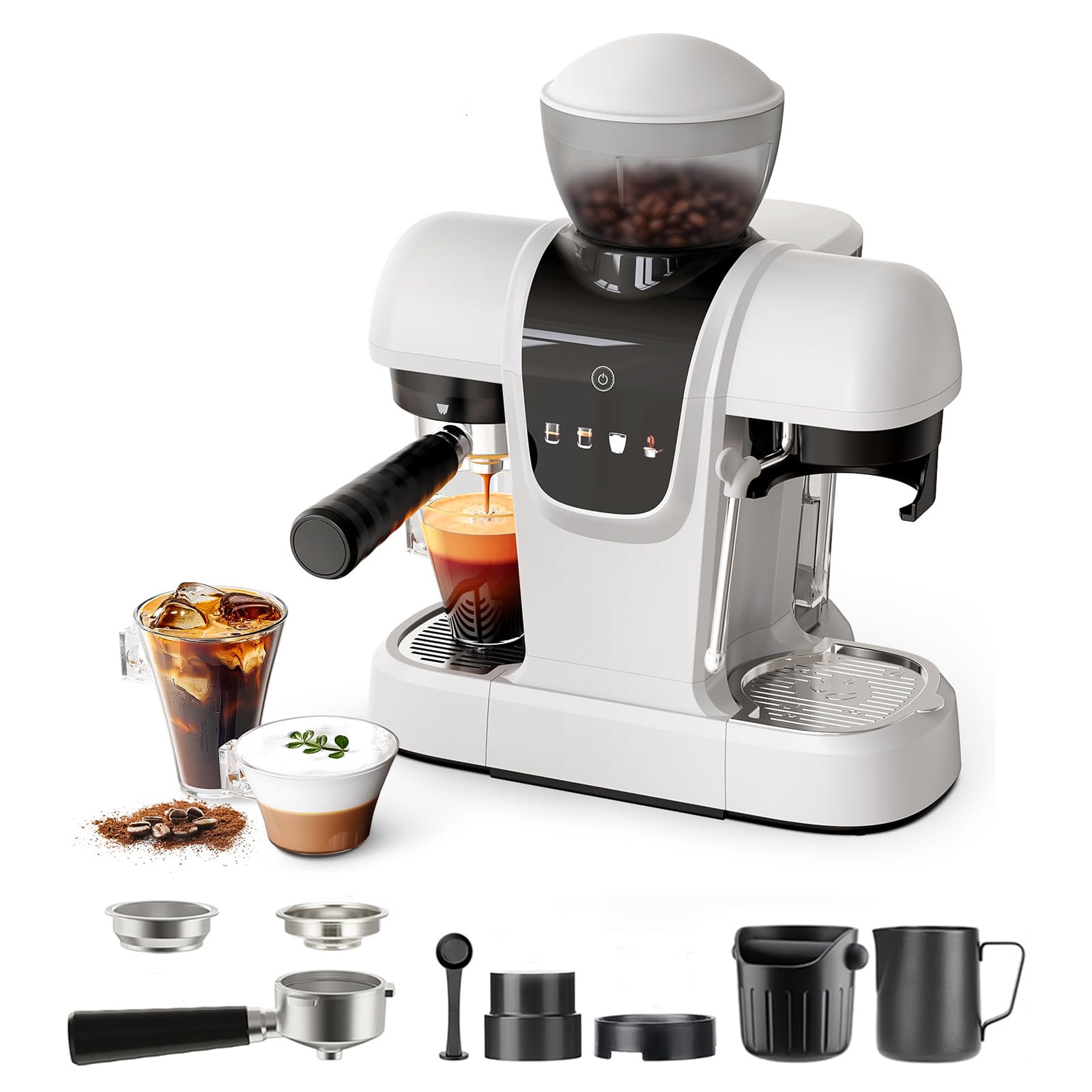 RECAFIMIL Máquina de espresso de 19 bares con molinillo de granos, cafetera 2 en 1 para café molido, capuchino y latte con espumador de leche, panel táctil, depósito de agua extraíble (blanco)