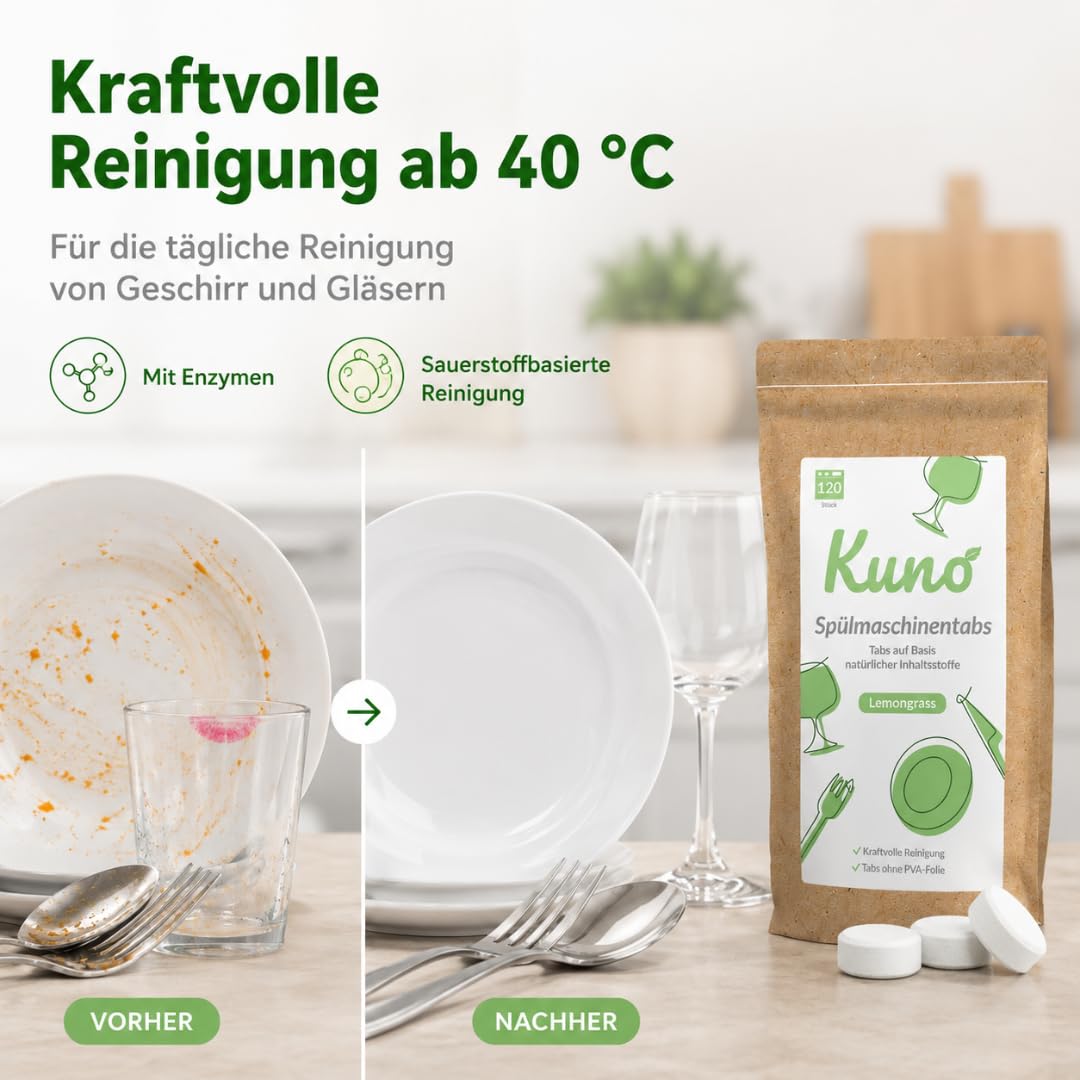 Kuno Tabletki do zmywarki Lemongrass – 120 szt. | Naturalne składniki | Bez folii PVA | Silne działanie czyszczące | Ekologiczne tabletki do zmywarki