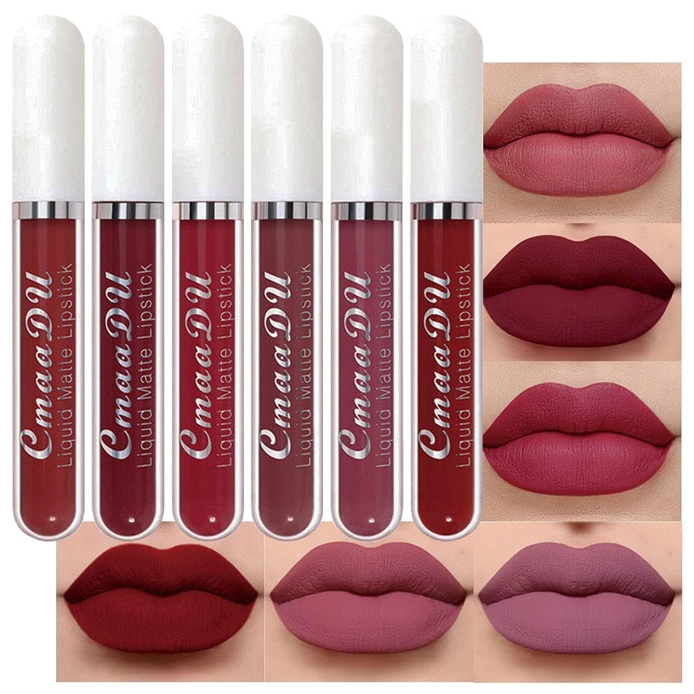 6 Pcs Matte Liquid Lipstick Set, Long Lasting Velvety Matte Liquid Lipstick, Waterproof Non-Stick Cup Not Fade, Highly Pigment Nude Liquid Lipstick for Women (Set-A)