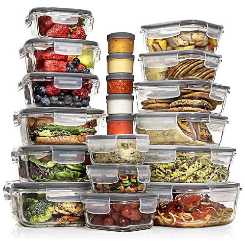 Image of Razab 35 Pc Set Glass Food Storage Containers with Lids - Meal Prep Airtight Bento Boxes BPA-Free 100% Leak Proof (15 lids,15 glass & 5 Plastic Sauce /Dip Containers)