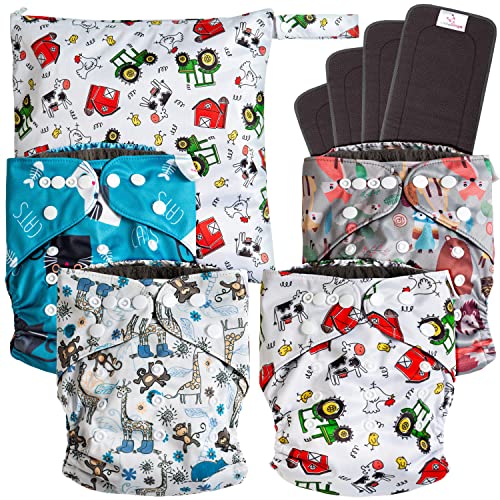 LittleDingo Reusable Cloth Diapers for Babies and Toddlers - 4 Reusable Charcoal Bamboo Diapers + 4 Charcoal Bamboo Inserts and 1 Reusable Diapers Wet Bag
