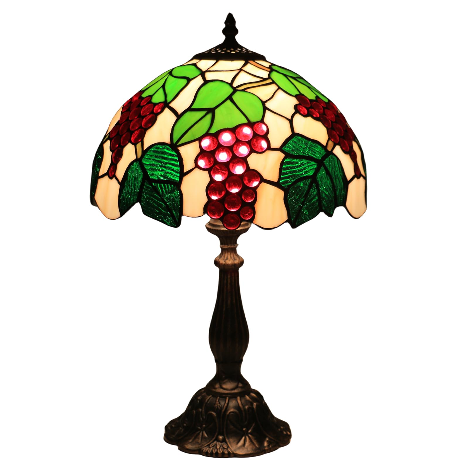 Tiffany Tischlampe, 12 Zoll Retro Lampe, Vintage Nachttischlampe, Deko Tischleuchte, Handcraft Bunte Glas Lampenschirm, Traube Muster, Mit E27 LED Glühbirne, für Schlafzimmer Wohnzimmer Büro