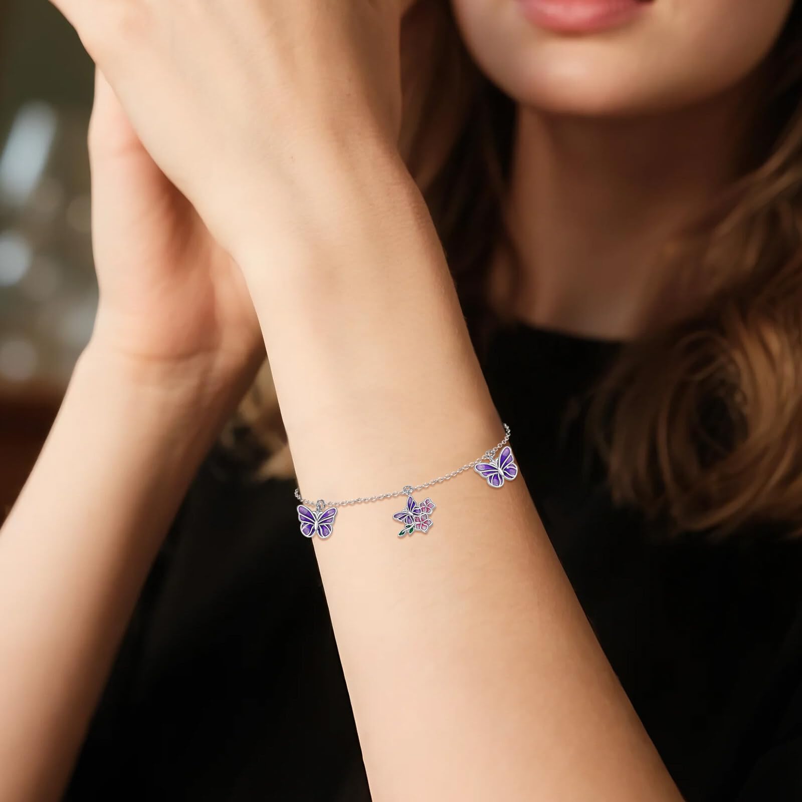 LONAGO Pulsera de Mariposa Plata de Ley 925 Mariposa Morada con Flor Pulsera para Regalo