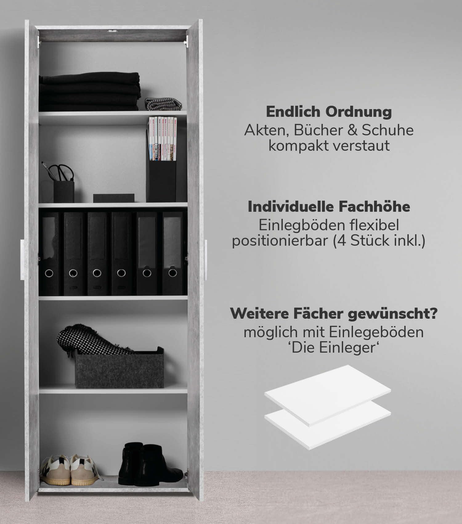 mokebo® Mehrzweckschrank Set 2-teilig 'Die Allzweckwaffe', Schrank-Set mit Aktenschrank & Besenschrank in Betonoptik BZW. Grau, auch als Moderne Wohnwand