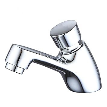 Modern Bathroom Basin Public Toilet Brass Taps Automatic Closing Saving Water Pillar Faucet, Chrome