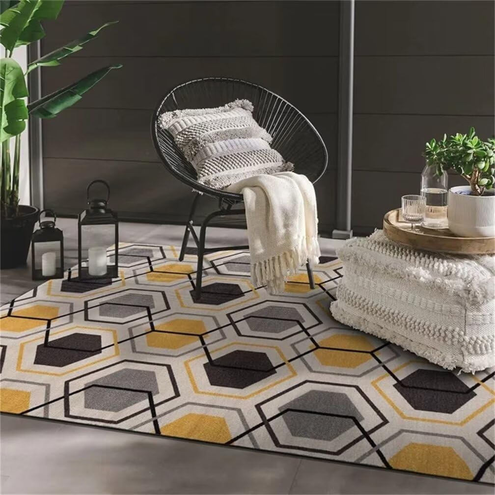 Tapis de Passage Gris 180x250CM Grand Tapis Chambre Enfants Géométrique Jaune