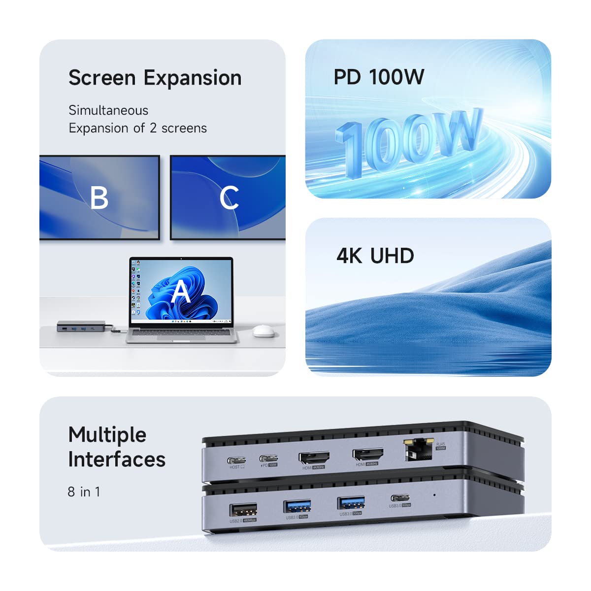 Hagibis Dual Display USB C Docking Station, Delicate USB C Hub 8 in 1 Type C Dongle Adapter with 4K@60Hz HDMI, 100W PD3.0, Gigabit RJ45, USB 3.0 (DK1701A)