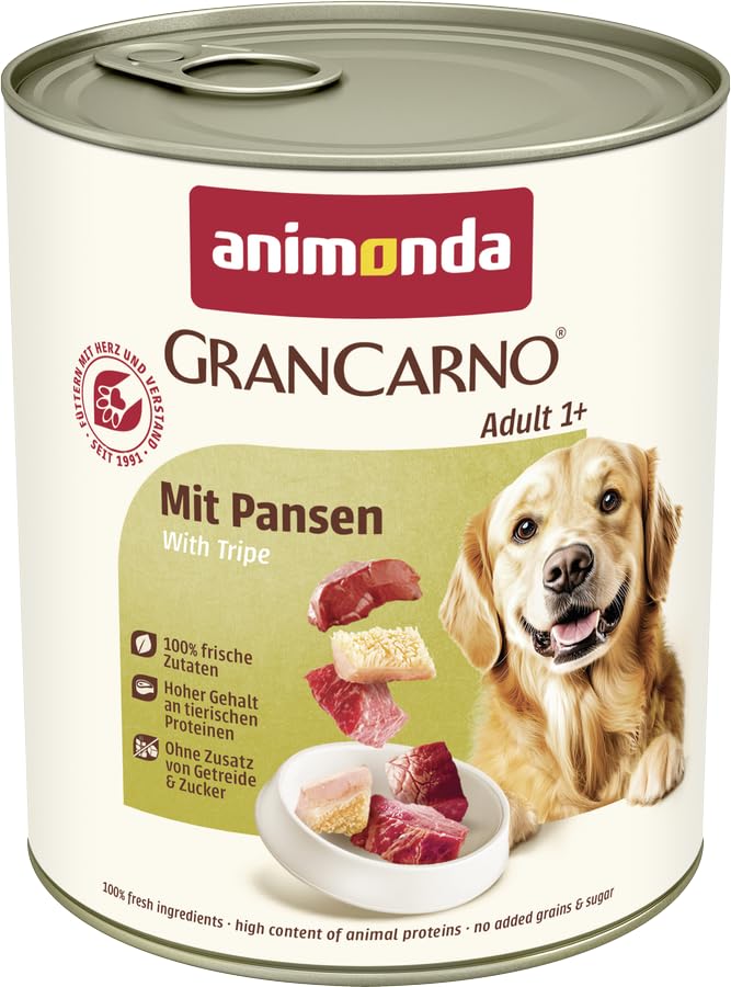 animonda GranCarno Hunde Nassfutter mit Pansen (6 x 800 g), getreidefreies Hundenassfutter ohne Zucker, für ausgewachsene Hunde, mit frischen fleischigen Zutaten