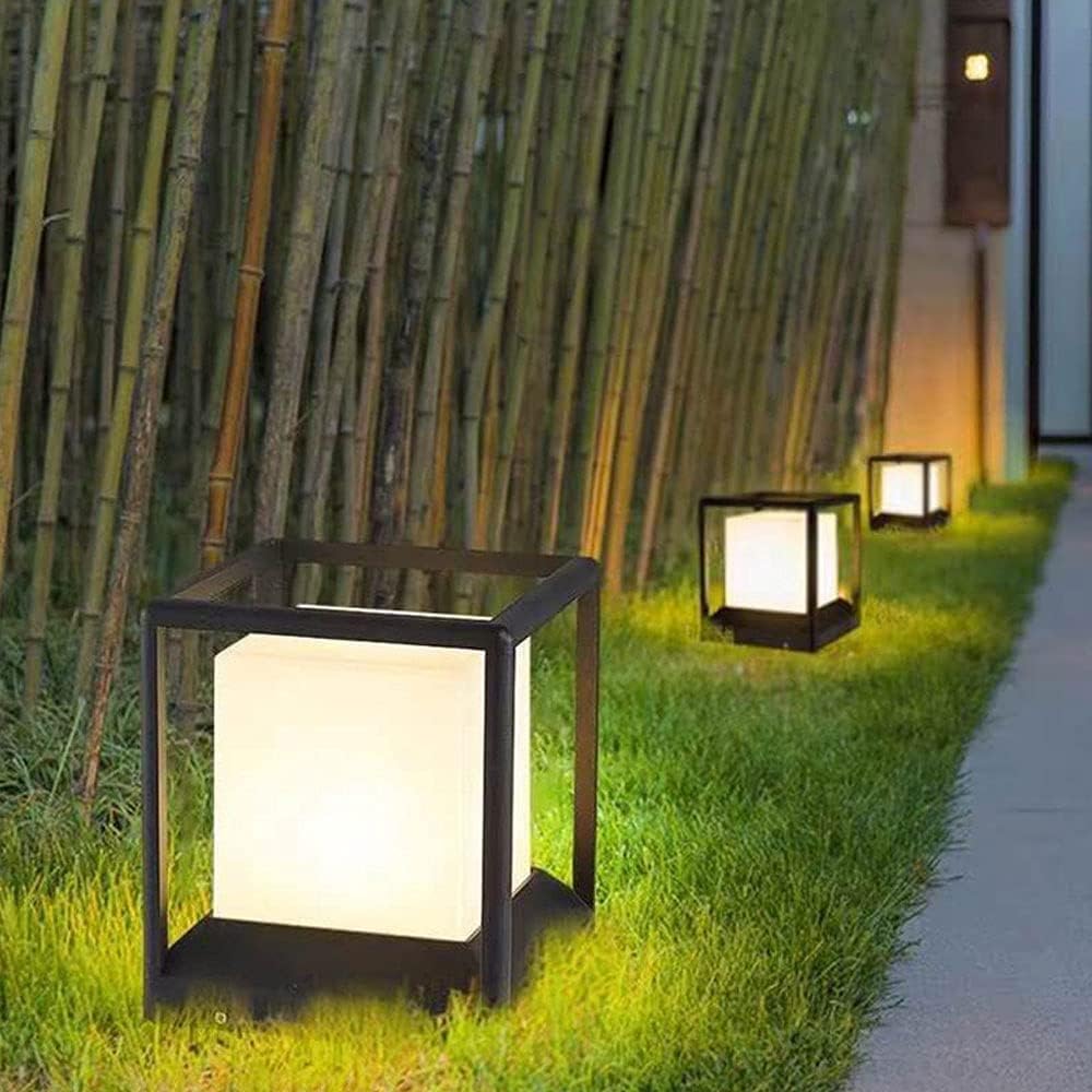 Outdoor IP65 Waterproof LED Landscape Pathway Light, Modern Black Square Garden Post Lantern, E27 Base Exterior Pedestal Lamp for Patio, Deck, Yard Walkway Lighting Fixture