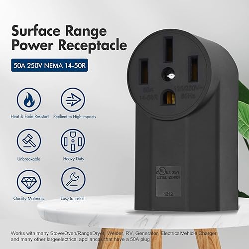 Miniatura 2 de NEMA 14-50R Receptáculo de 3 polos 4 cables Receptáculo de alimentación de montaje en superficie 250V 50A UL Listado, bekca Black (NEMA 14-50R)