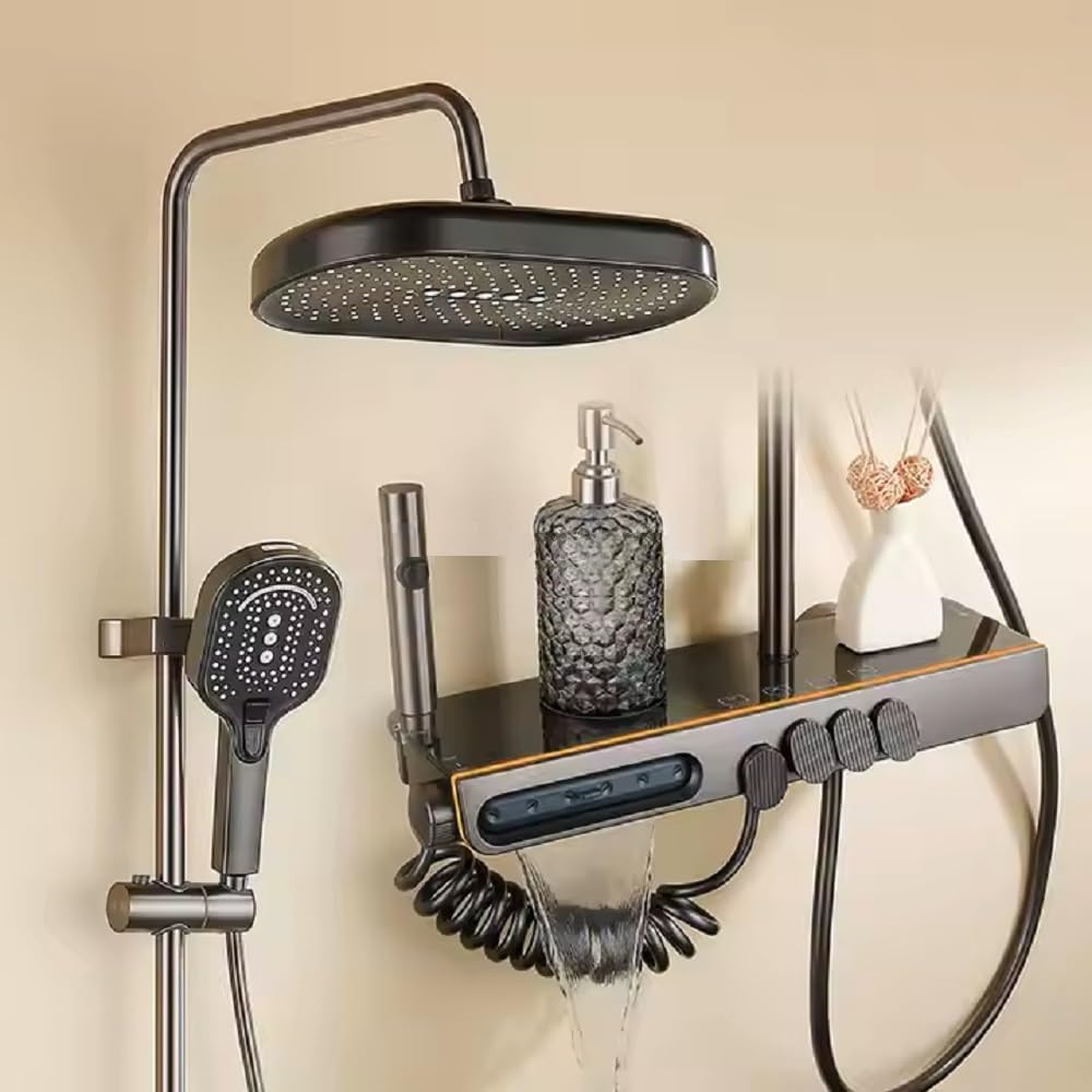 Luxury thermostate Shower System, Brass Body 5-in-1 set with Large Overhead+4Ways Handheld,2WAY biget gun and tub spout, Temperature Dispaly, Full coverage LED lights shower panel (grey)